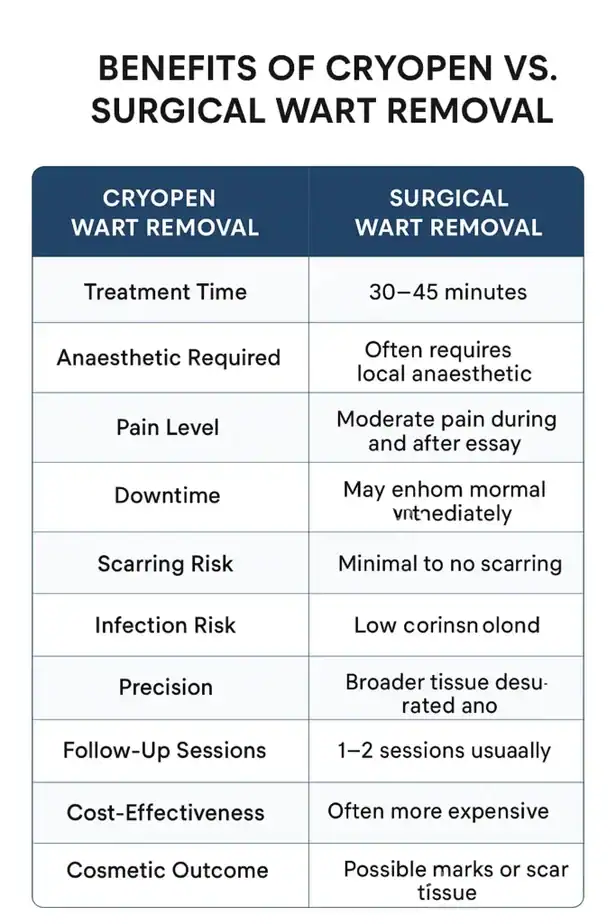 Table showing the benefits of cryopen to remove warts Surrey compared to surgical treatment